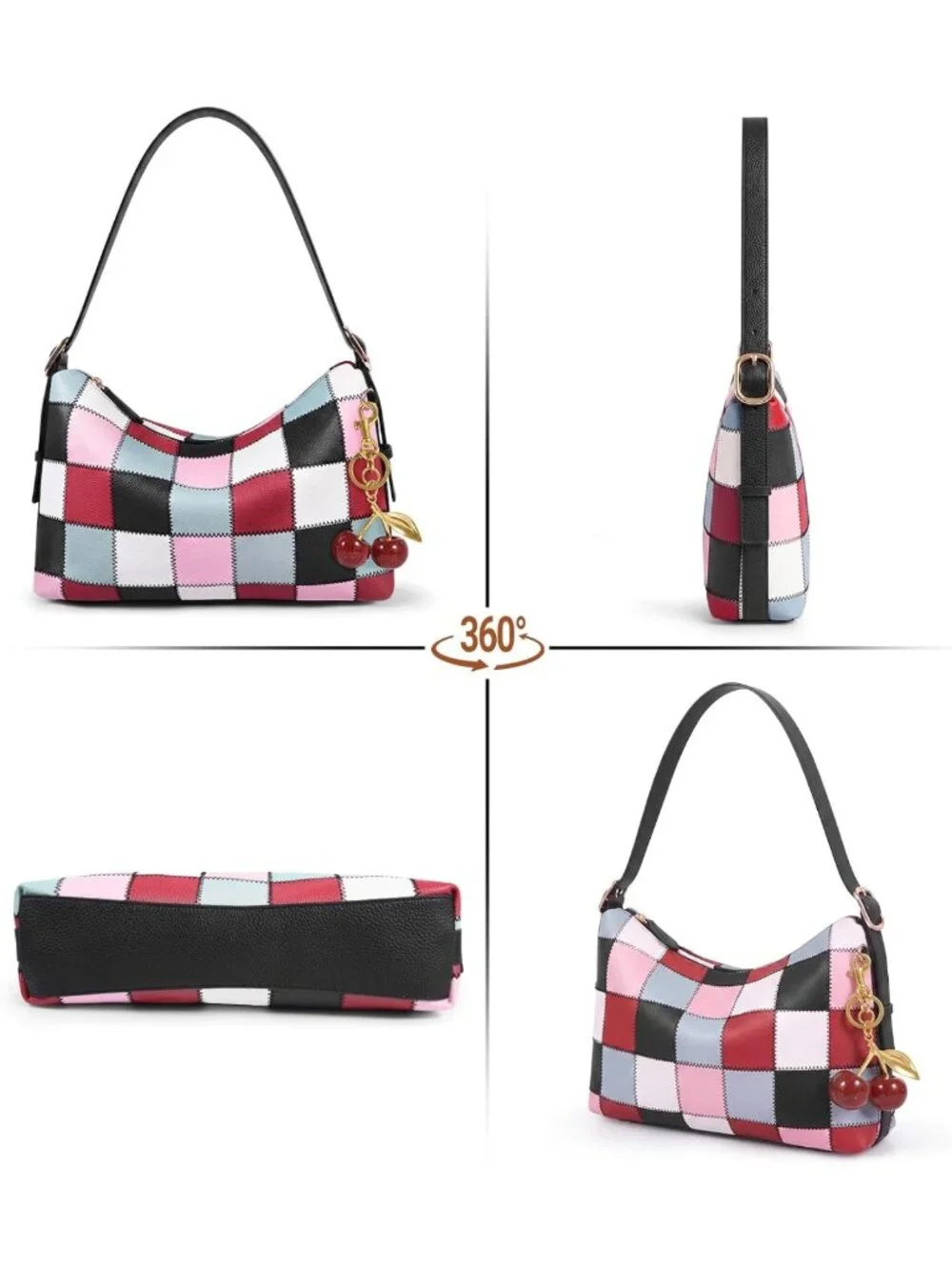 Cute Checkered Vegan Leather Hobo Bag for Women - Stylish Cherry Shoulder Purse